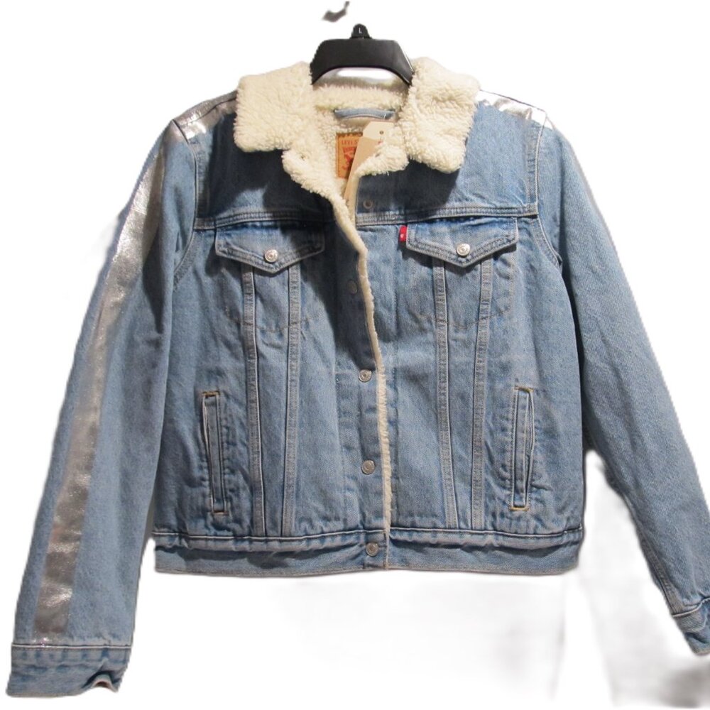 Levis Women's Original Trucker Jacket Denim Sherpa Lining Shine Theory LargeNWT - Picture 2 of 7